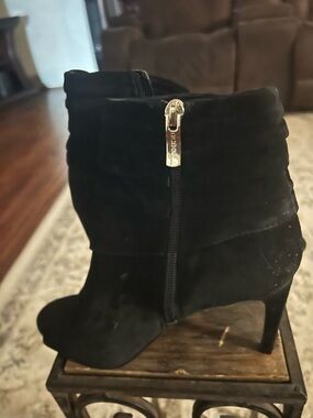 BCBGeneration Black Suede Ankle Booties with Gold Zip Accent